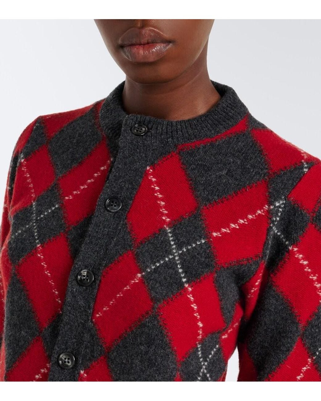 AMI Red Argyle Virgin Wool Cardigan