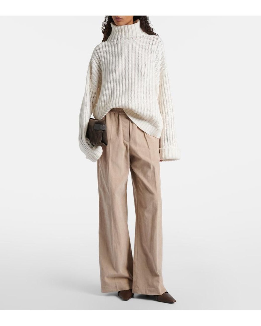Brunello Cucinelli Natural Cotton Corduroy Wide-Leg Pants