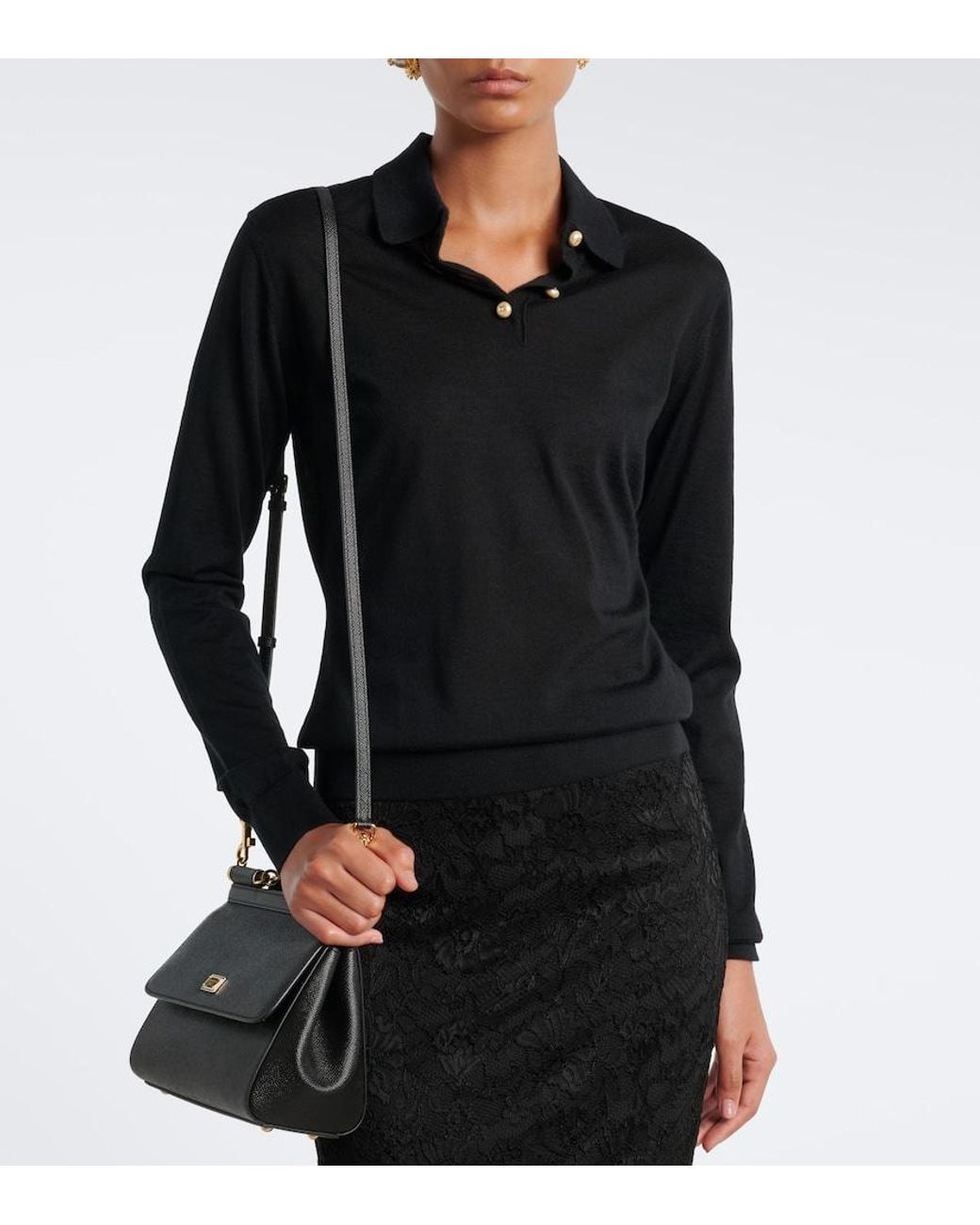 Dolce & Gabbana Black Embellished Cashmere Polo Sweater