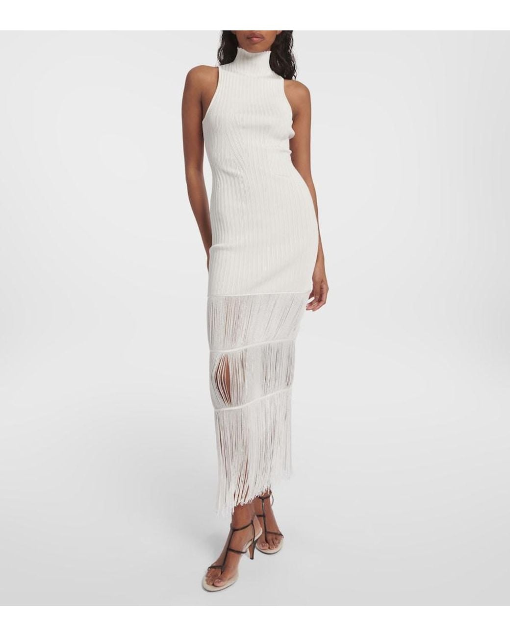 Khaite White Zare Fringed Ribbed-Knit Maxi Dress