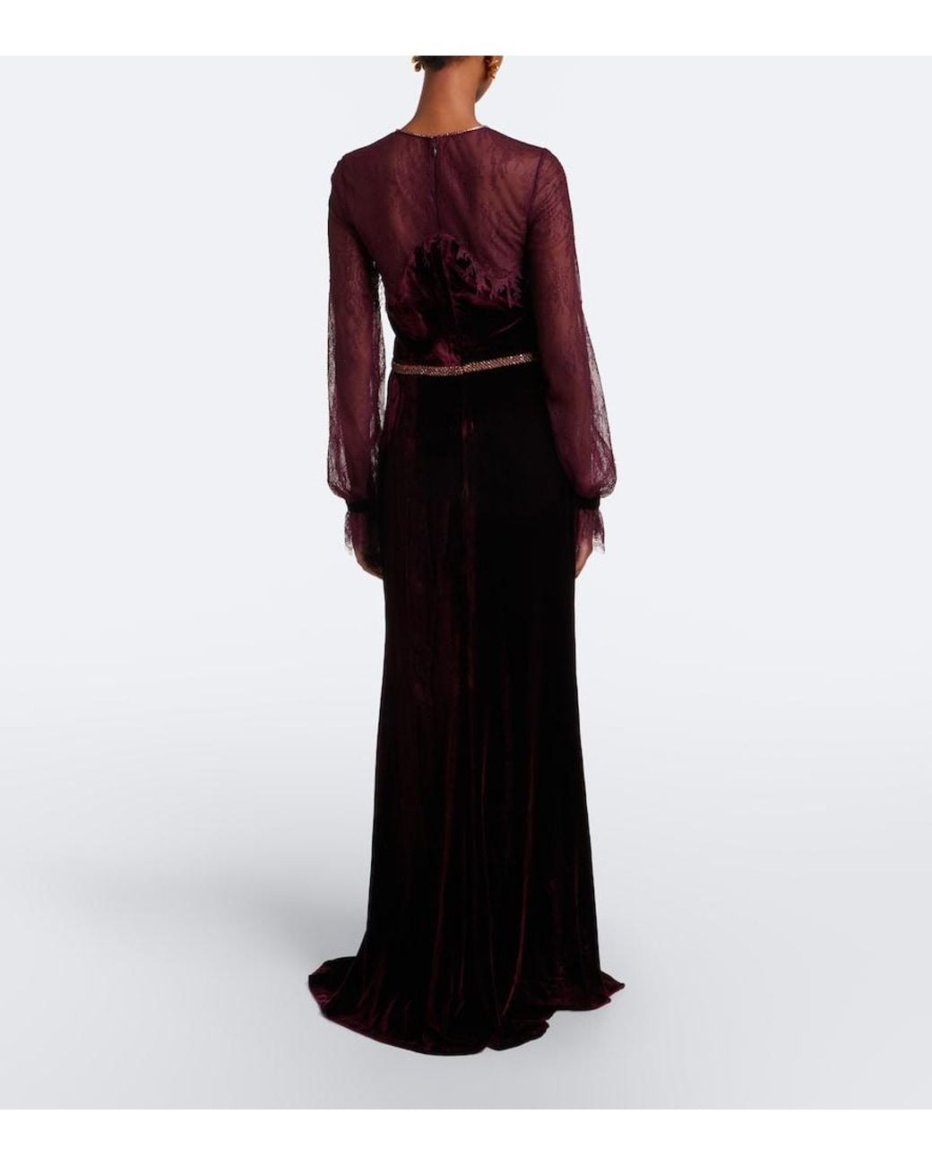 Costarellos Purple Embellished Lace-Trimmed Velvet Gown