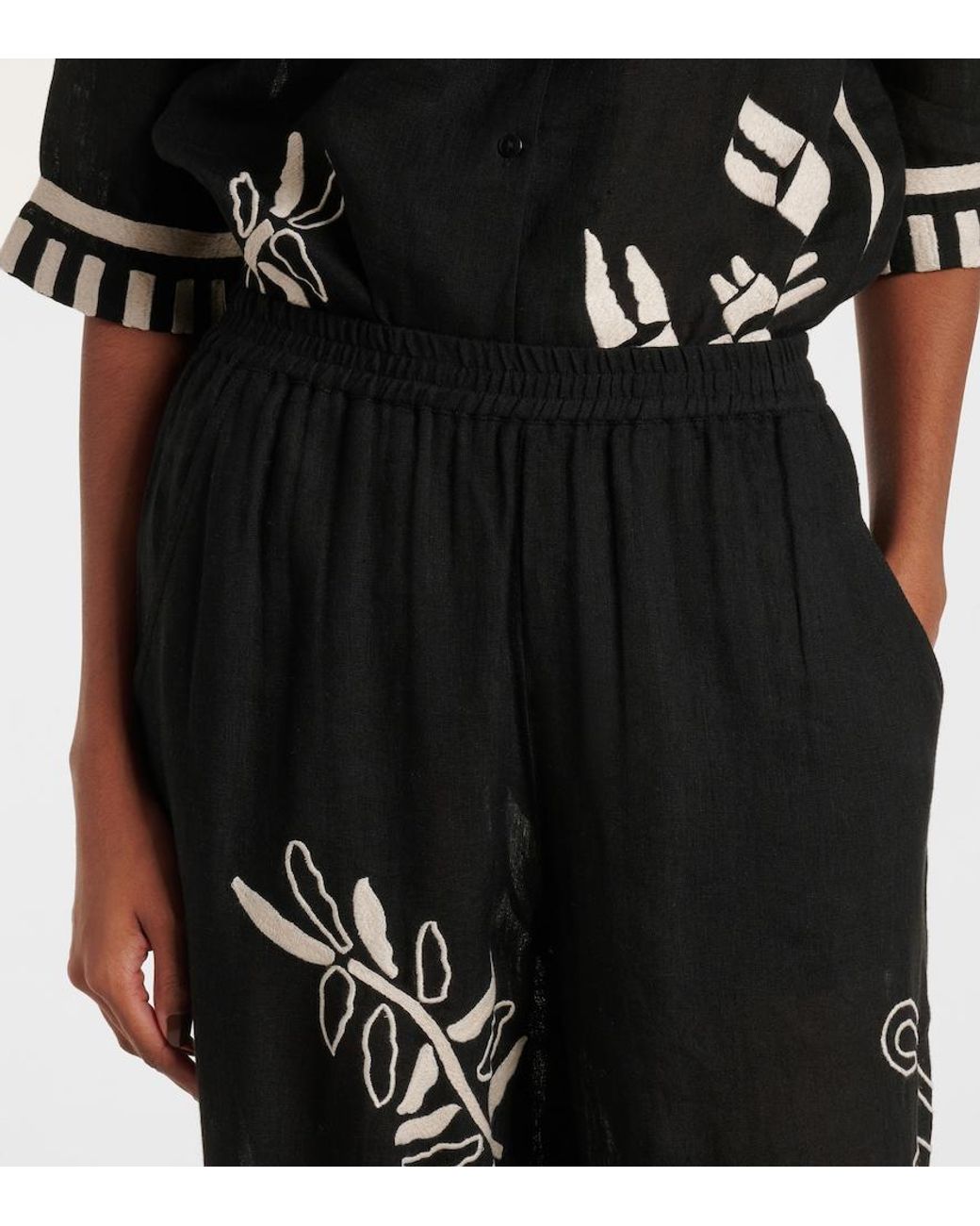 Eres Black Octopus Embroidered Linen Wide-Leg Pants