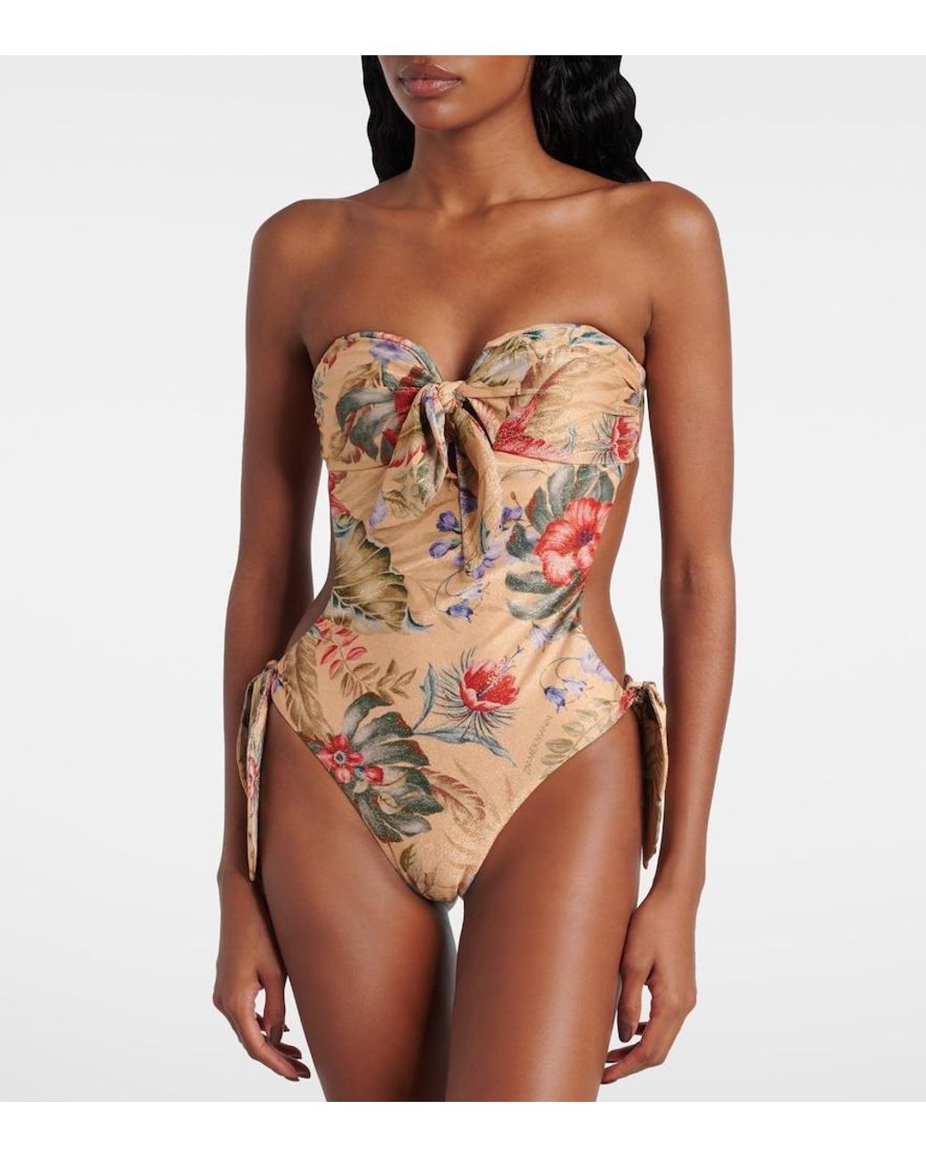 Zimmermann Brown Coco Bow-Detail Floral Swimsuit