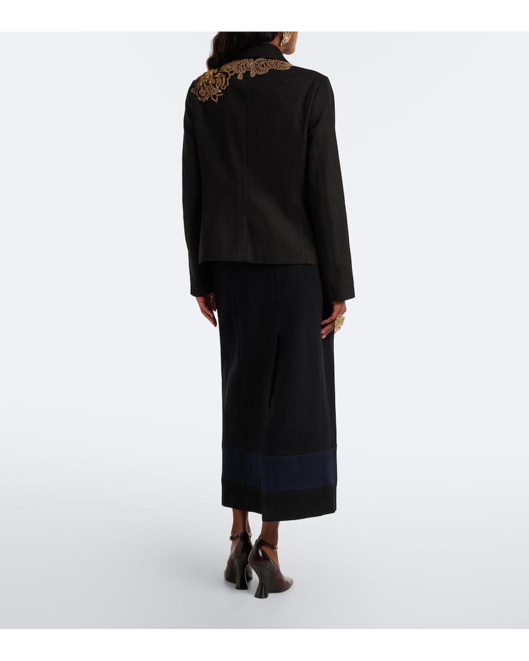 Dries Van Noten Black Embellished Wool-Blend Twill Midi Skirt