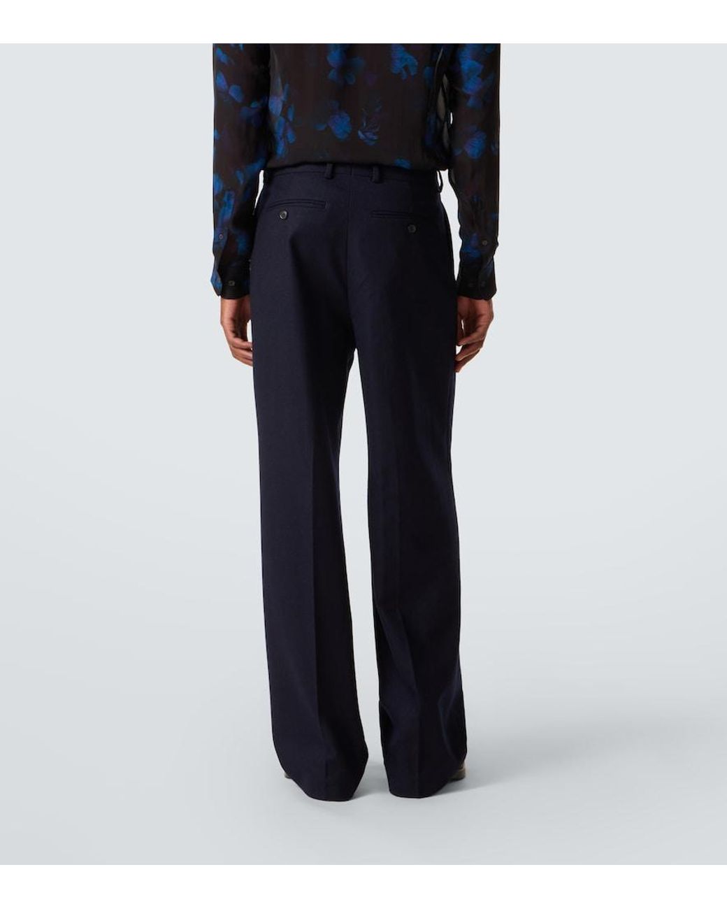 Dries Van Noten Blue Wool Flannel Wide-Leg Pants for men