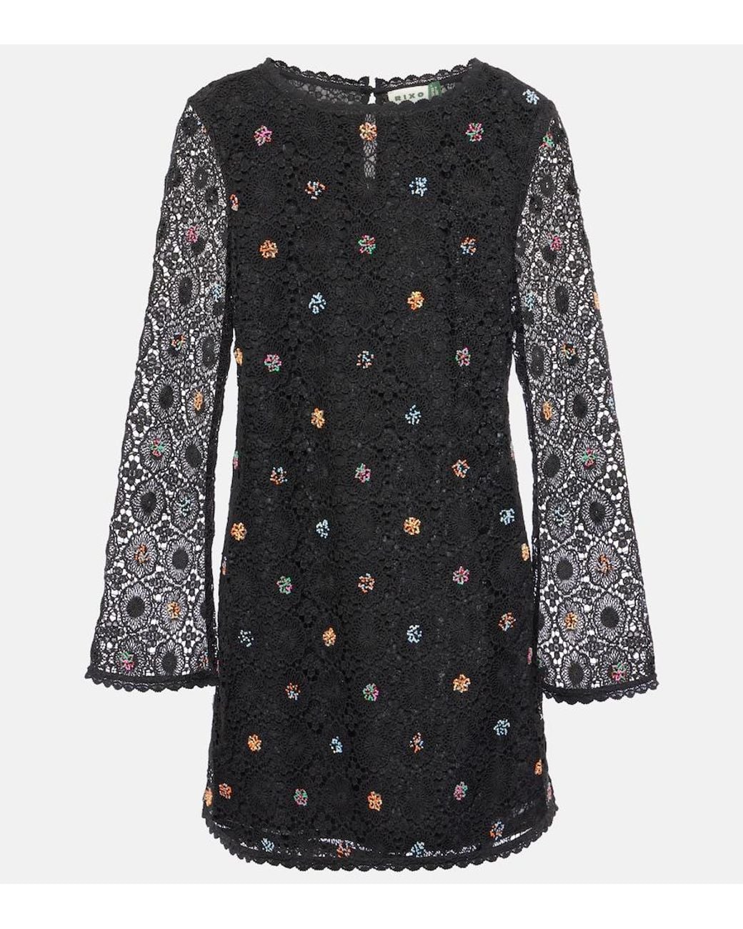 Rixo Black Mylene Crochet Beaded Mini Dress