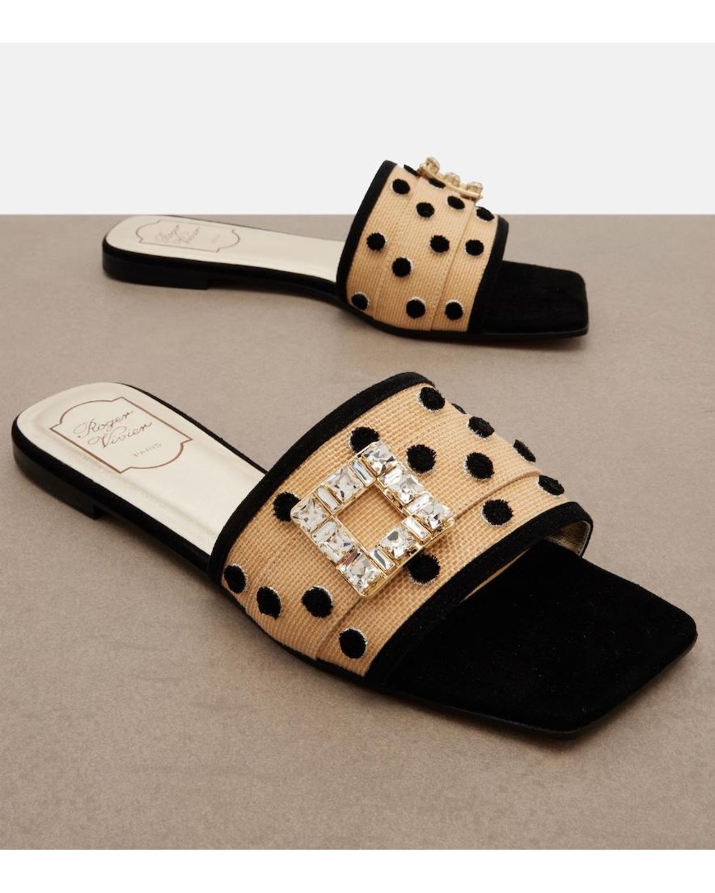 Roger Vivier Black Tres Vivier Polka-Dot Suede-Trimmed Slides
