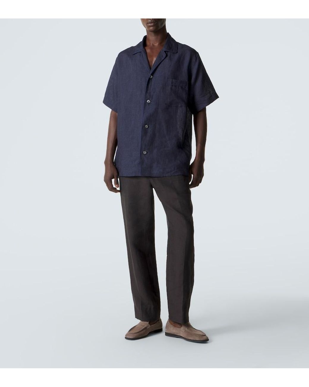 Brioni Blue Linen Bowling Shirt for men