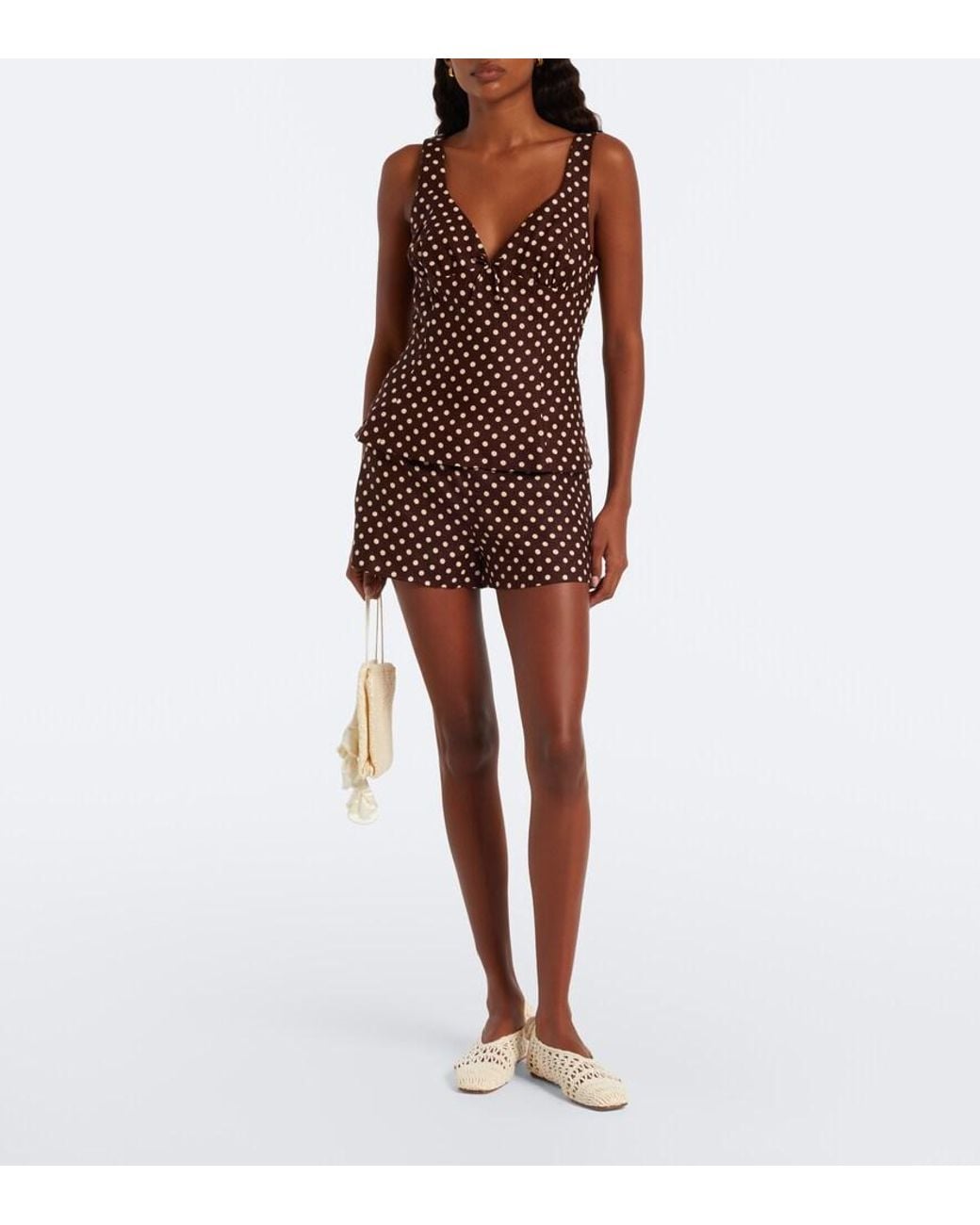 Faithfull The Brand Brown Martuba Polka-Dot Peplum Linen Top