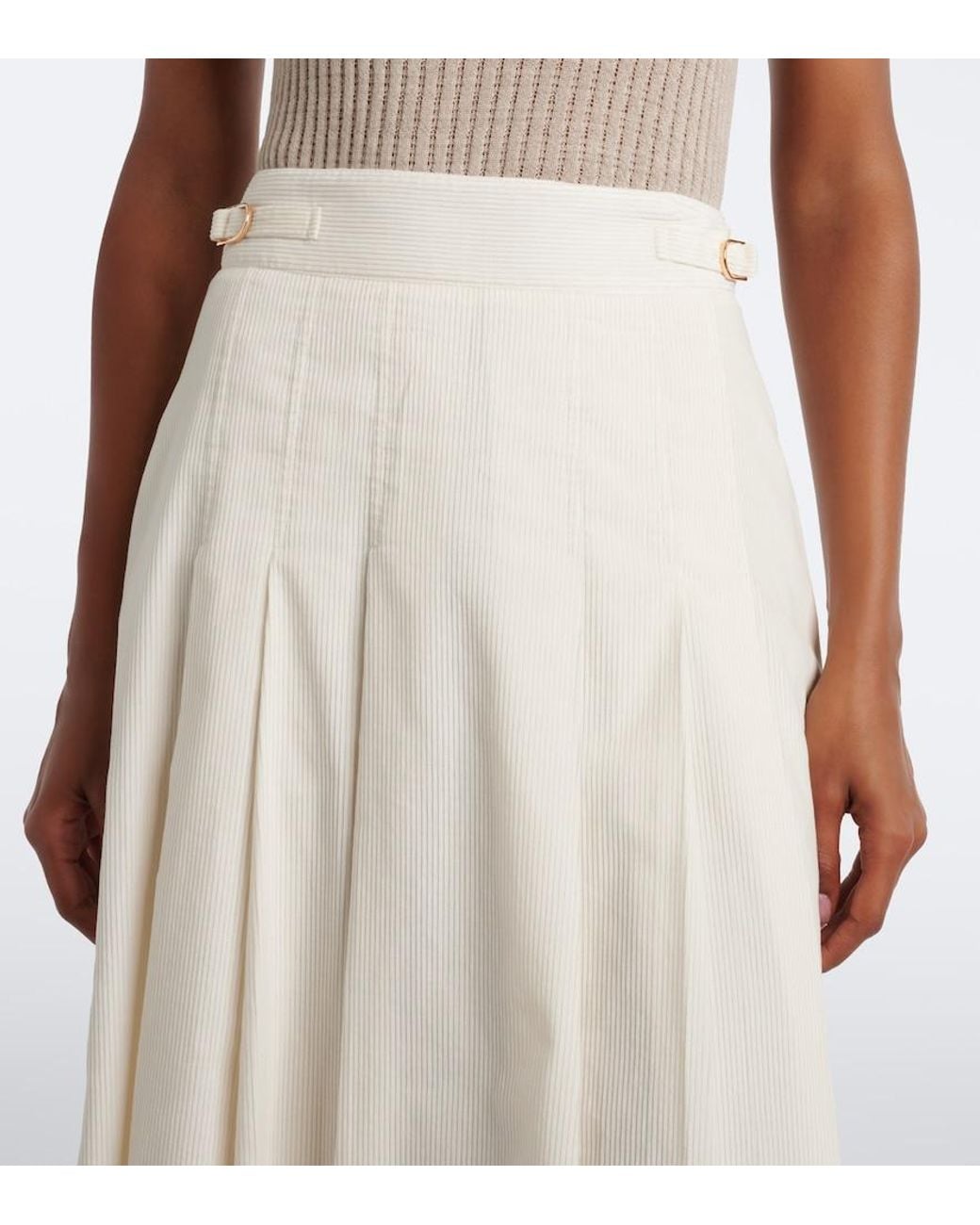 Gabriela Hearst White Wesley Pleated Cotton Corduroy Midi Skirt
