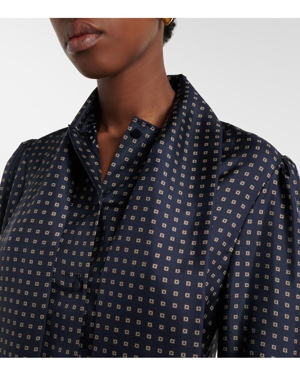 Saint Laurent Blue Printed Tie-Neck Silk Crepe De Chine Blouse
