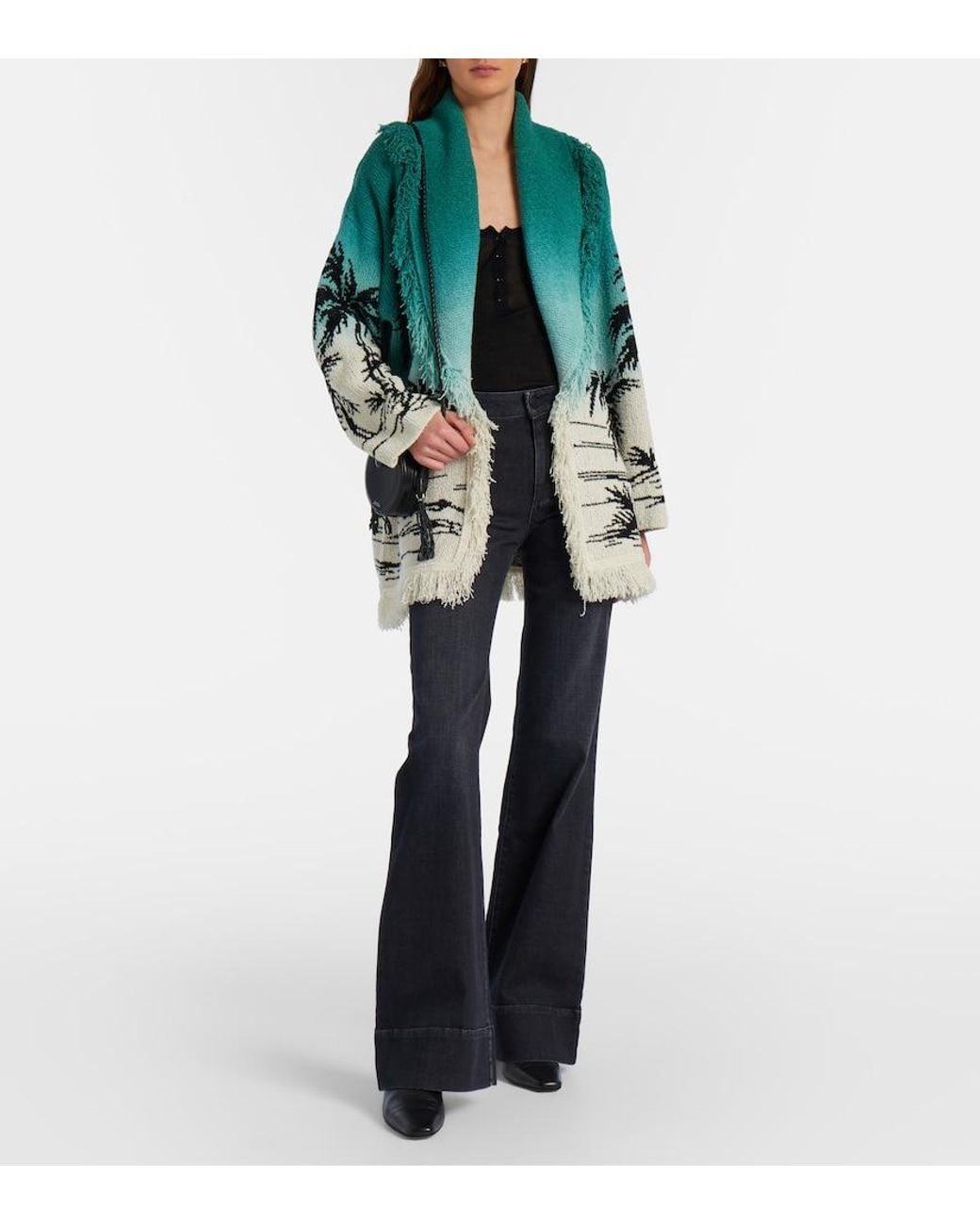 Alanui Green Wave Bloom Fringed Cotton-Blend Jacquard Cardigan