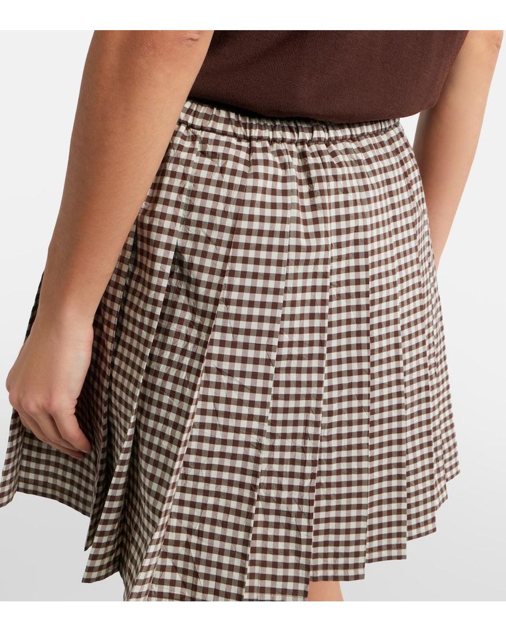 Moncler Brown Pleated Gingham Cotton-Blend Miniskirt