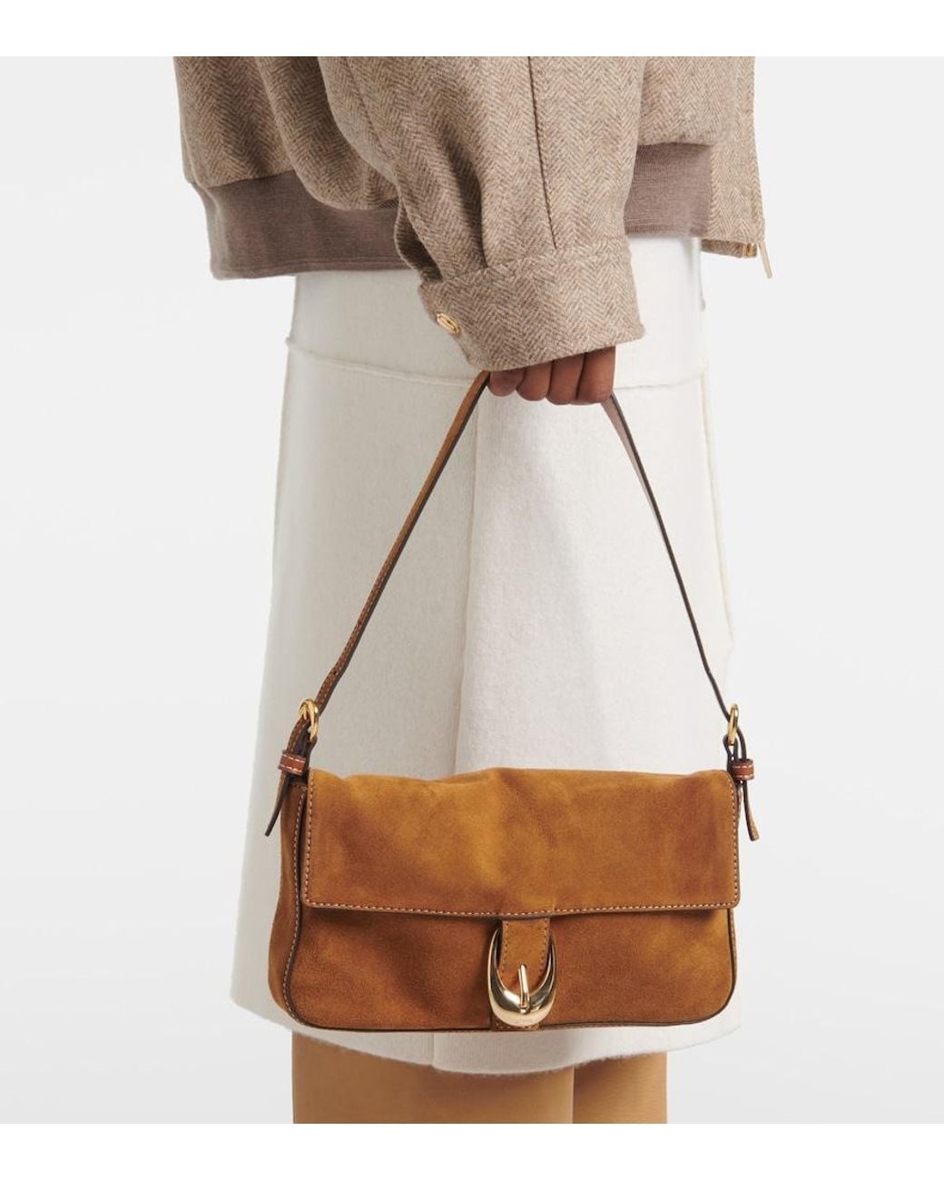 Staud Brown Suede Snap-Clasp Shoulder Bag