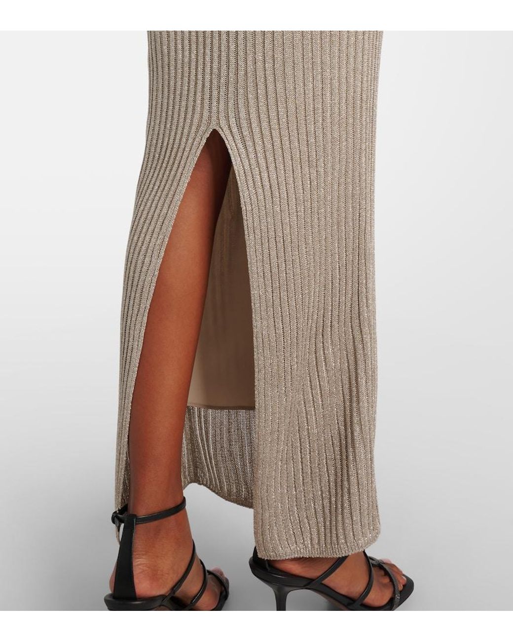 Brunello Cucinelli Gray Monili Ribbed-Knit Lame Maxi Dress