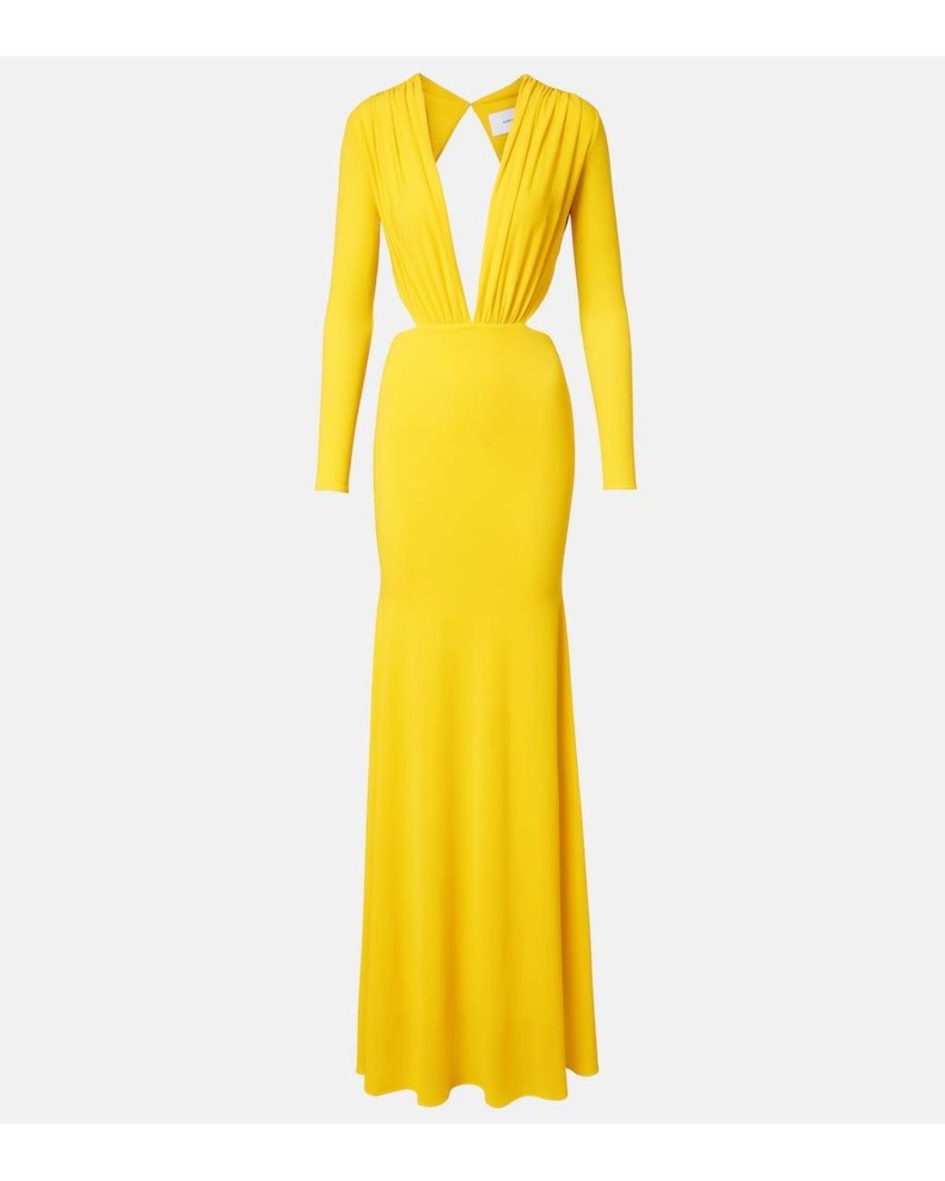 Alex Perry Yellow Ruched Open-Back Crepe Jersey Gown