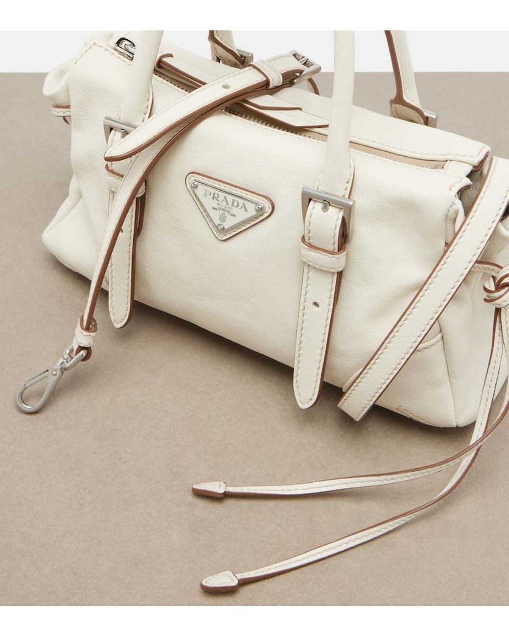 Prada White Karin Small Leather Top-Handle Bag