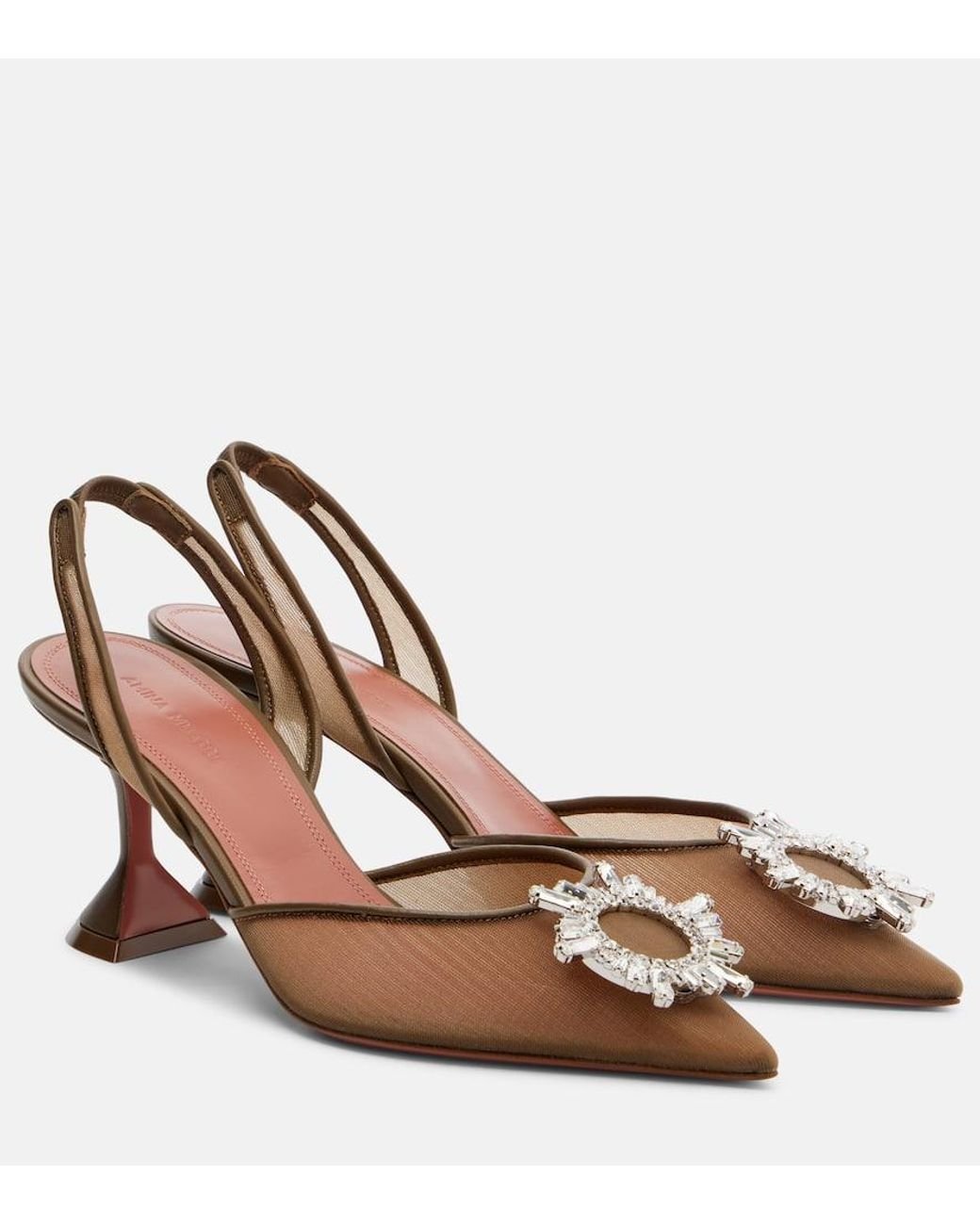 AMINA MUADDI Brown Begum Embellished Mesh Slingback Pumps
