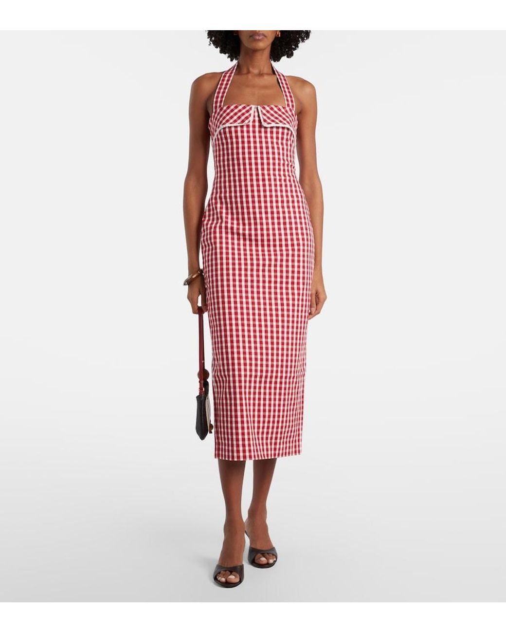 Posse Red Ebony Gingham Lace-Trimmed Cotton-Blend Midi Dress