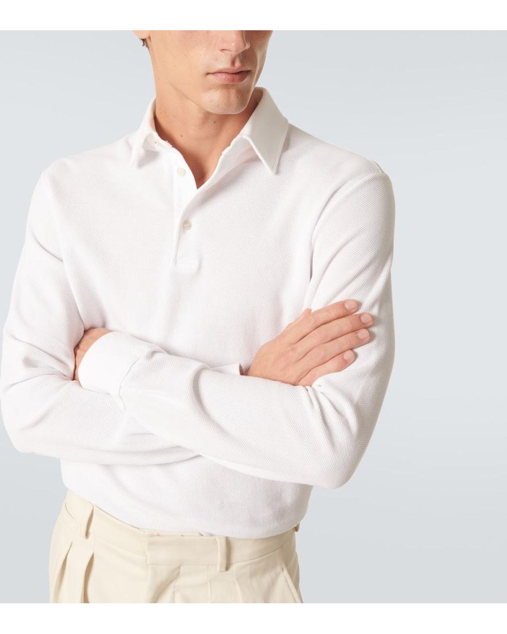 Loro Piana White Cotton Long-Sleeved Polo Sweater for men