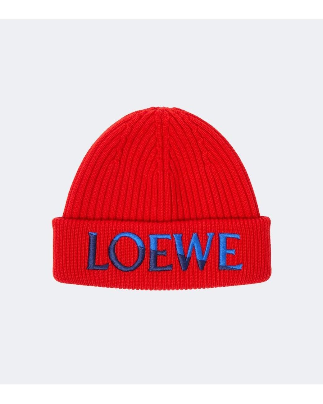 Loewe Red Logo Ribbed-Knit Wool Beanie for men