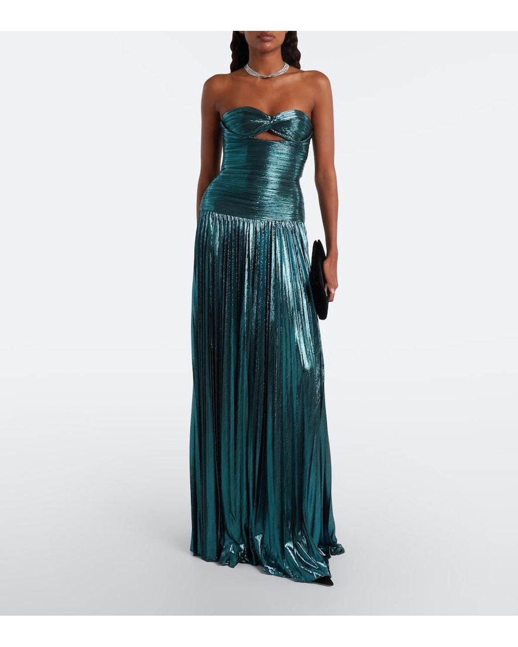 retroféte Green Monterey Cutout Strapless Lame Bustier Gown