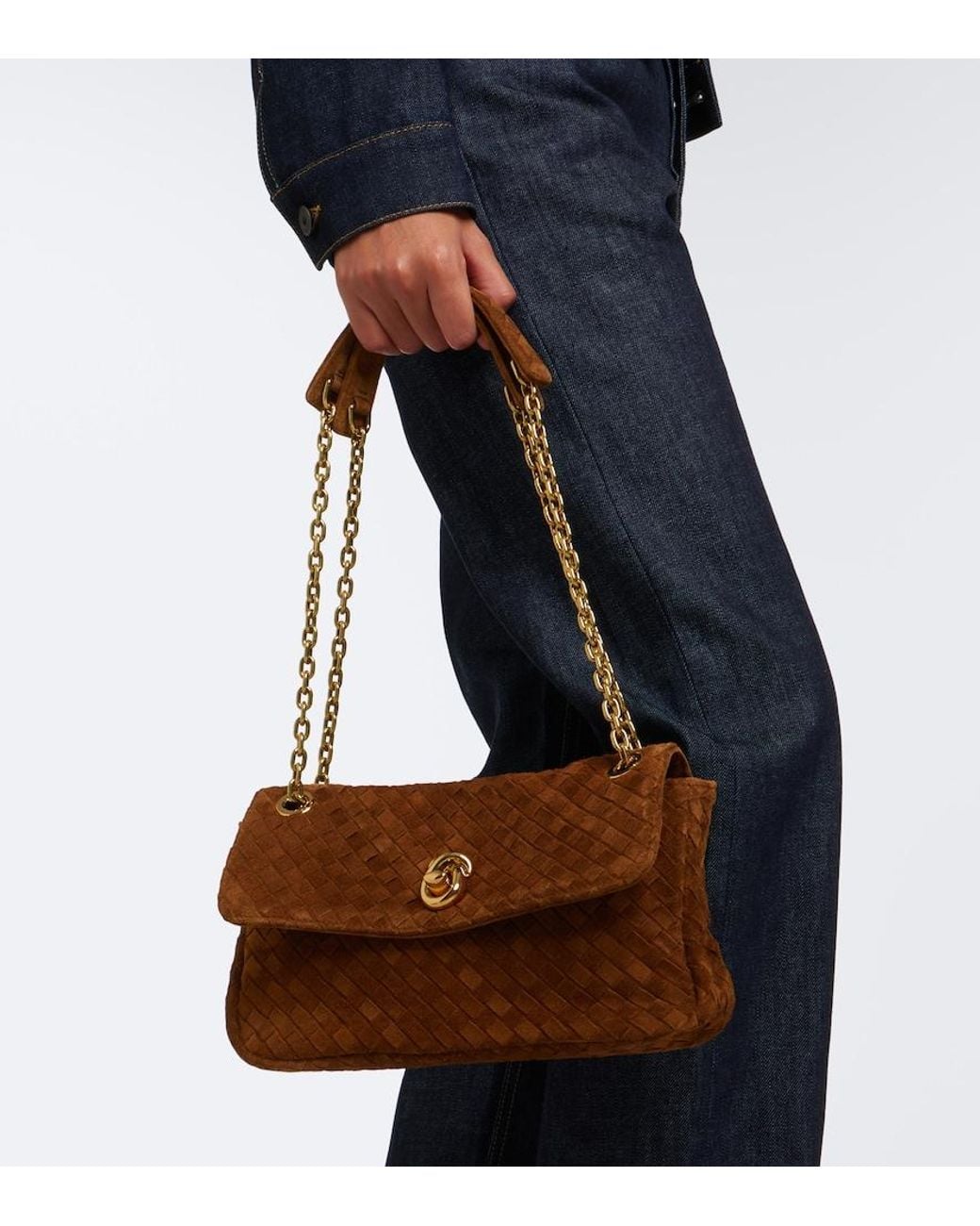 Bottega Veneta Brown Madison Intrecciato Suede Shoulder Bag