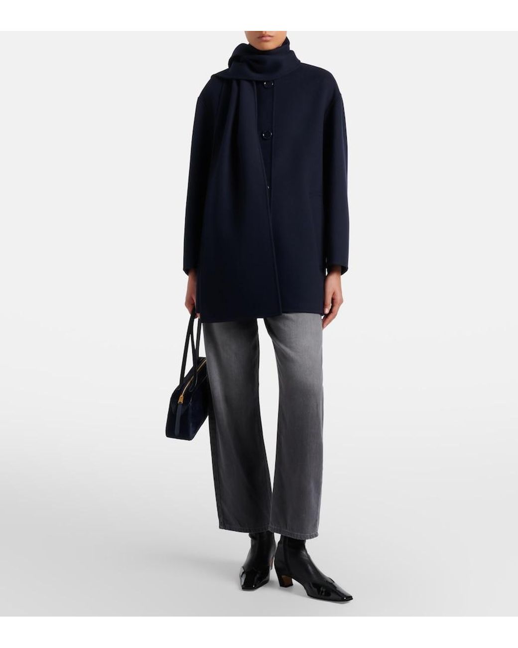 Max Mara Blue Scarf-Detail Virgin Wool Coat