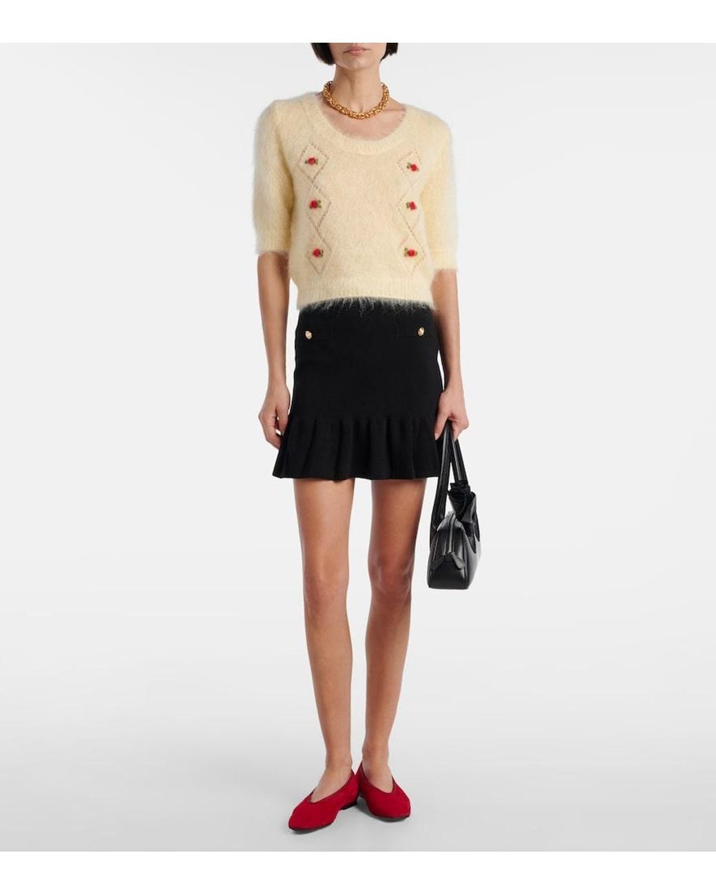 Alessandra Rich Natural Embroidered Mohair-Blend Sweater