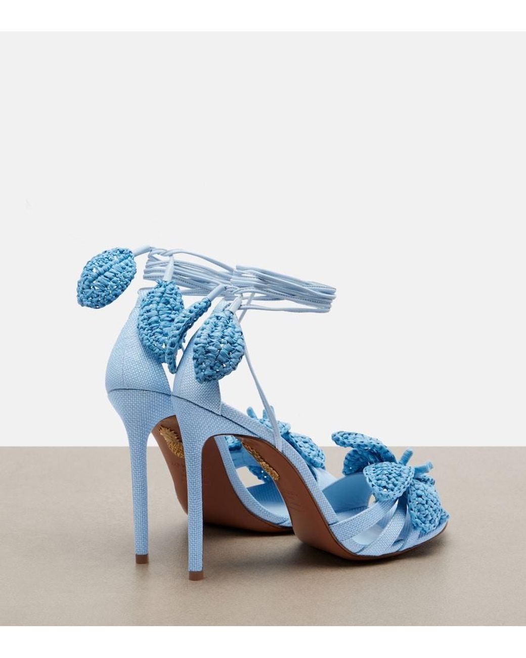 Aquazzura Blue Calypso Floral-Applique Raffia Sandals