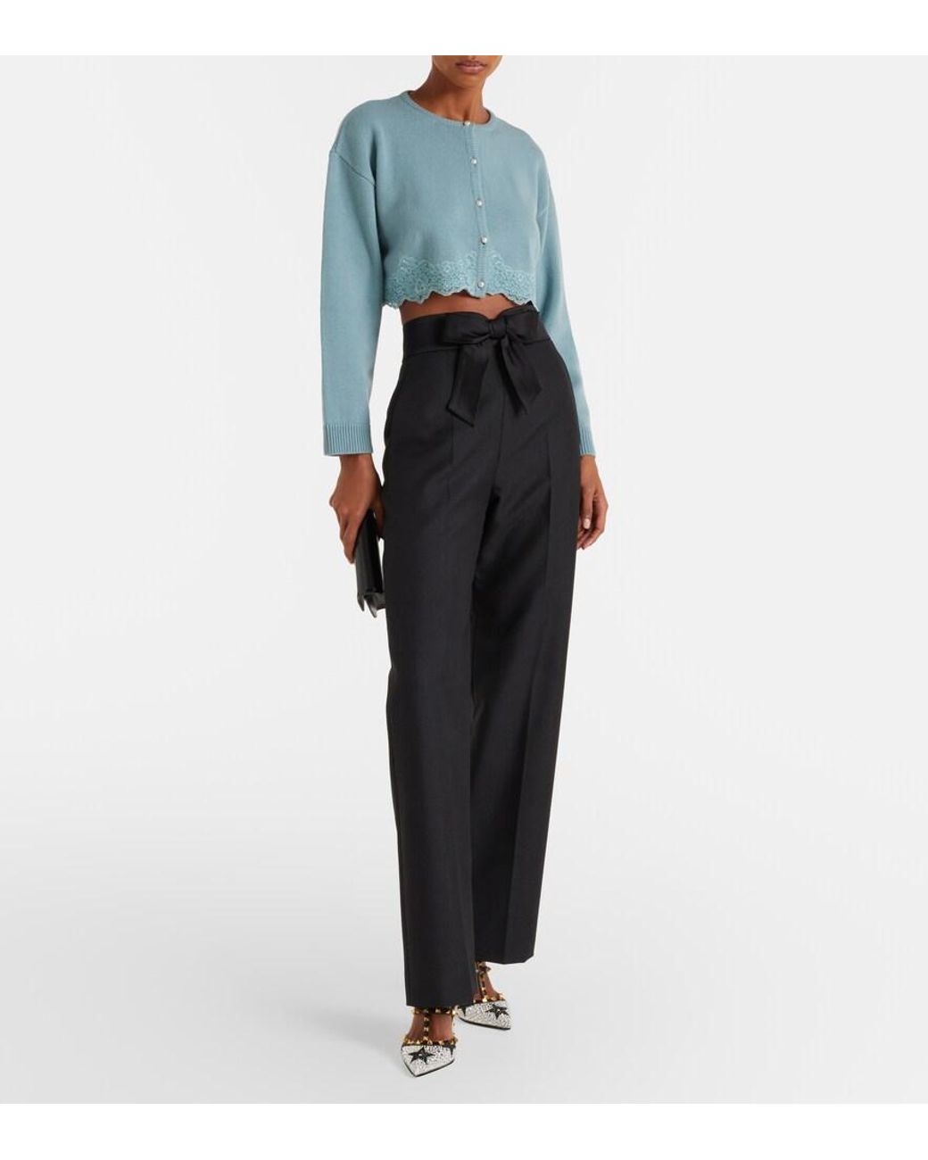 Valentino Garavani Blue Lace-Trimmed Cropped Virgin Wool Cardigan