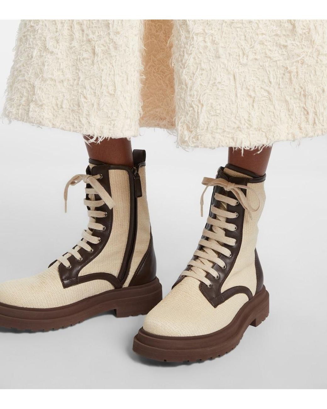 Brunello Cucinelli Natural Leather-Trimmed Lace-Up Boots