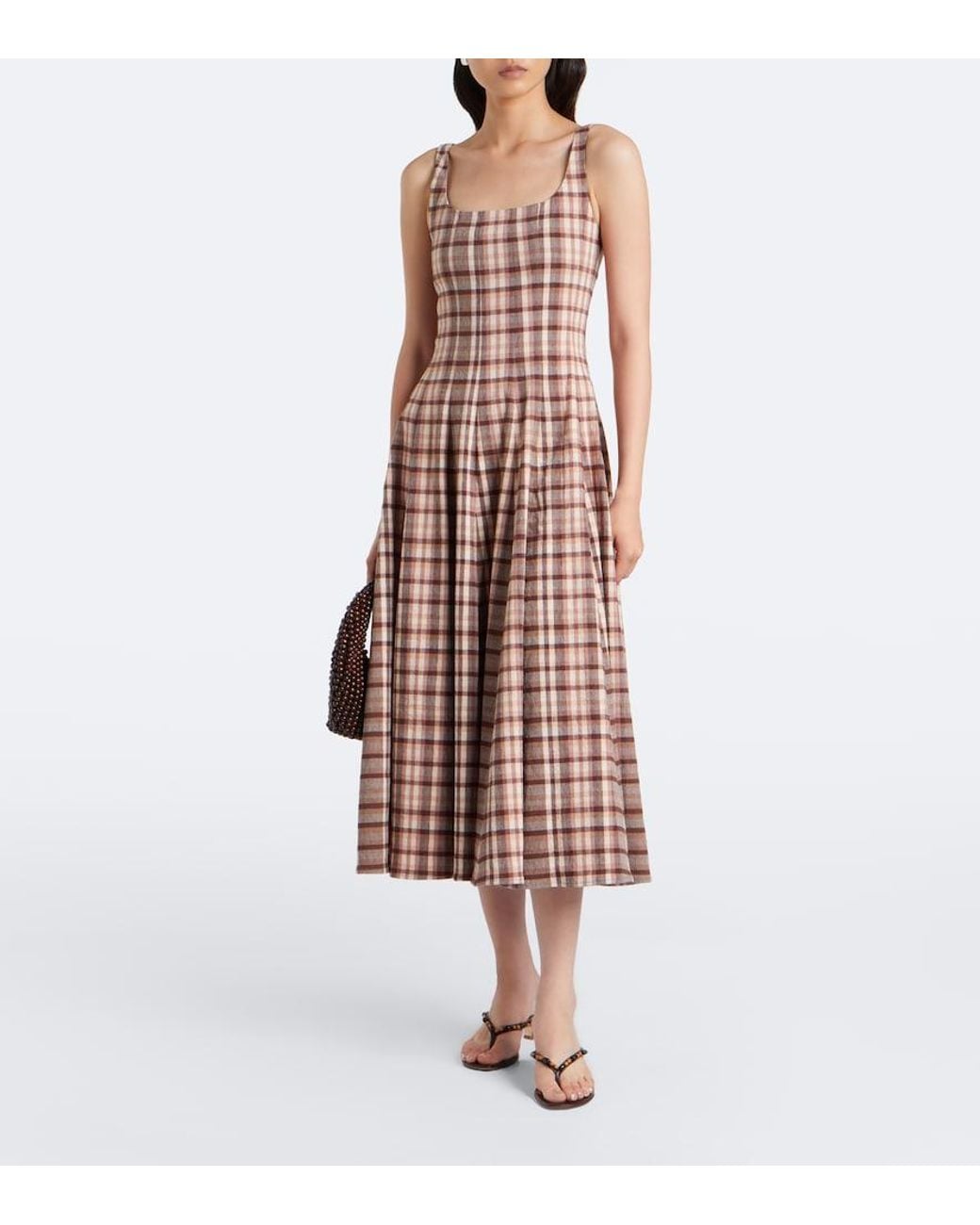 Staud Brown Wells Checked Linen-Blend Midi Dress