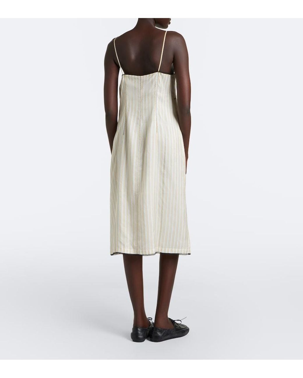 Prada Natural Bow-Detail Striped Midi Dress