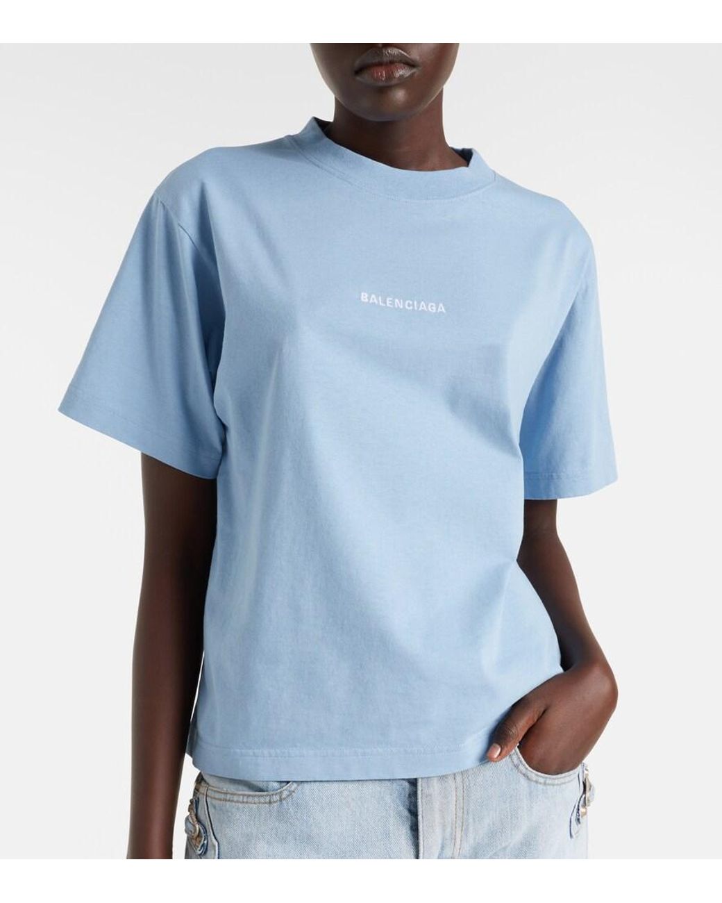 Balenciaga Blue Besticktes T-Shirt Aus Baumwoll-Jersey