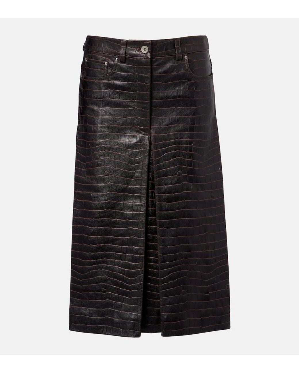 Rabanne Black Pleated Croc-Effect Leather Midi Skirt