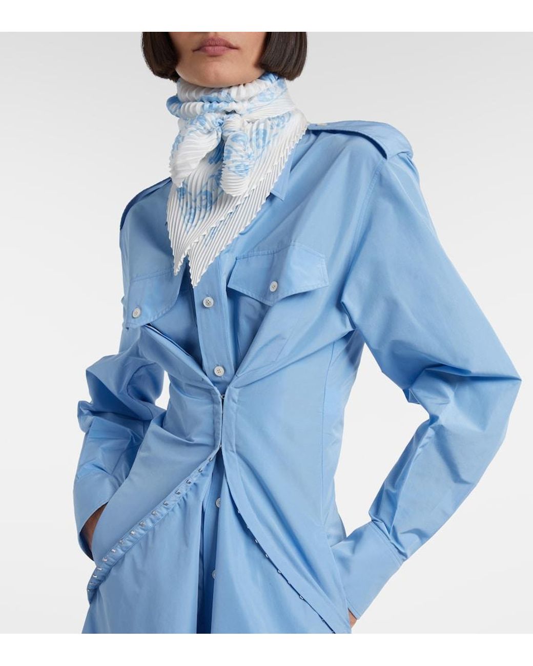McQueen Blue Skull Pleated Silk Twill Scarf