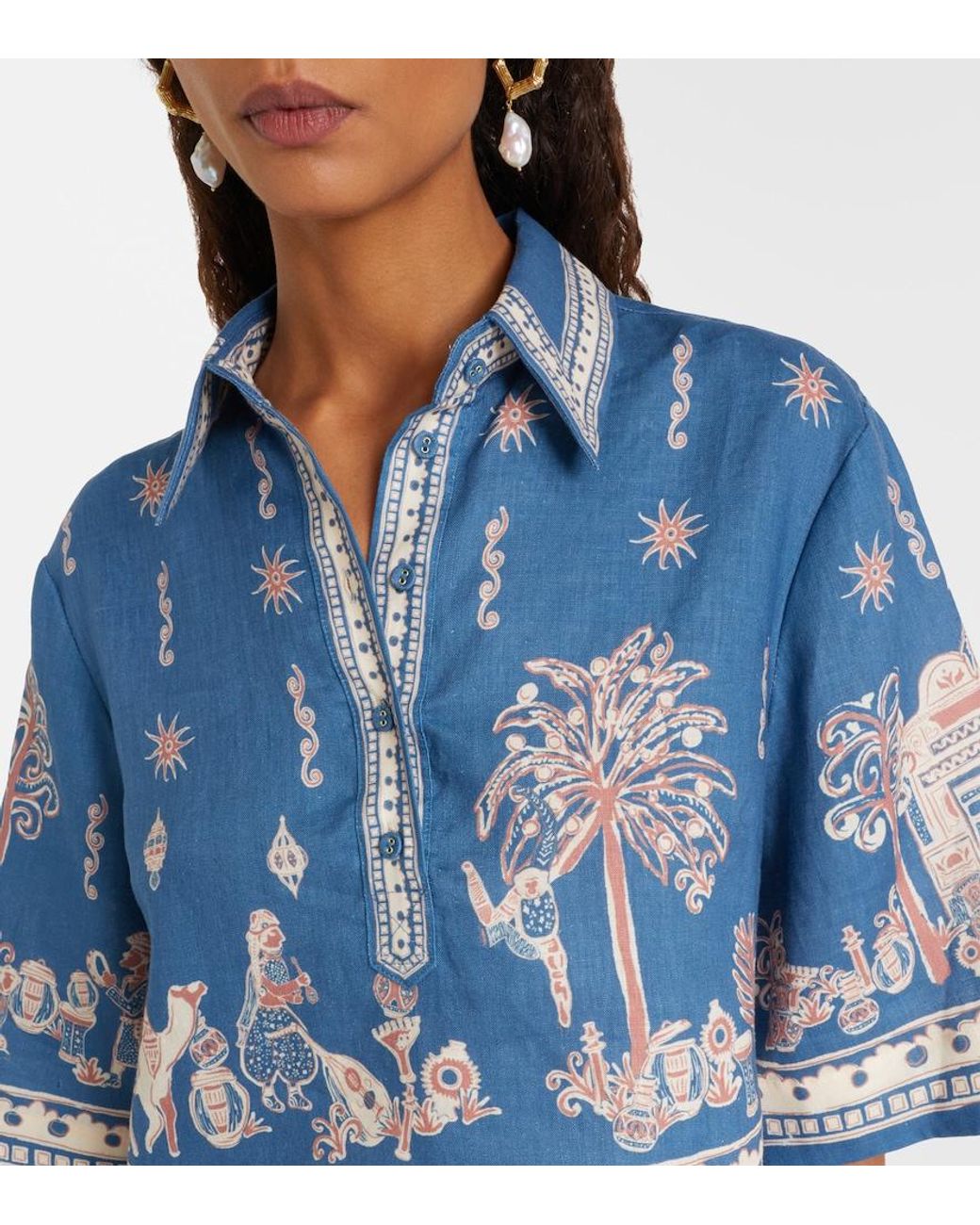 ALÉMAIS Blue Acacia Printed Cropped Linen Shirt
