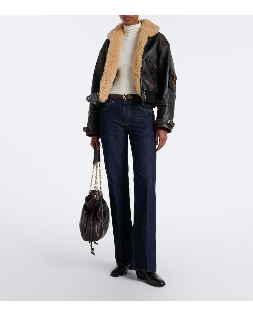 Ralph Lauren Black Lianne Shearling-Trimmed Leather Jacket