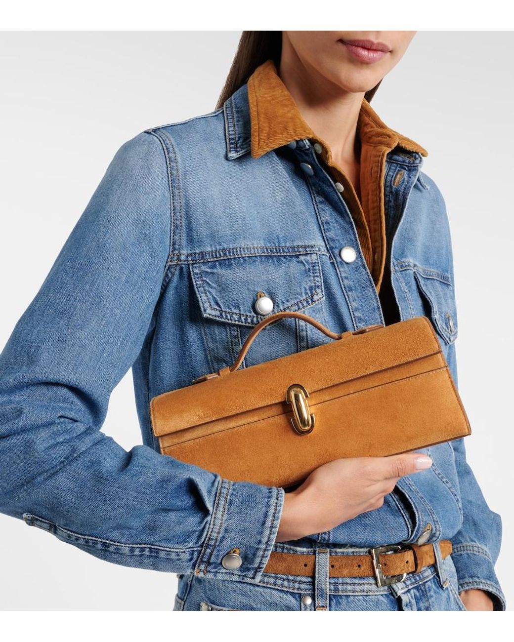 SAVETTE Brown Symmetry Slim Suede Top-Handle Bag