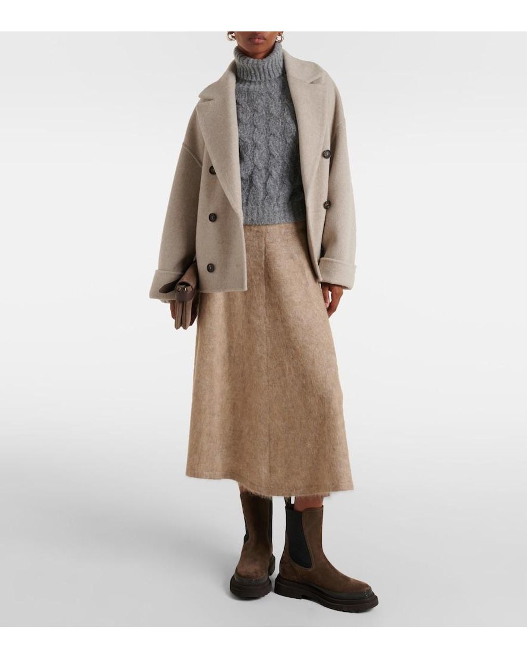 Brunello Cucinelli Natural Wool And Cashmere-Blend Midi Skirt