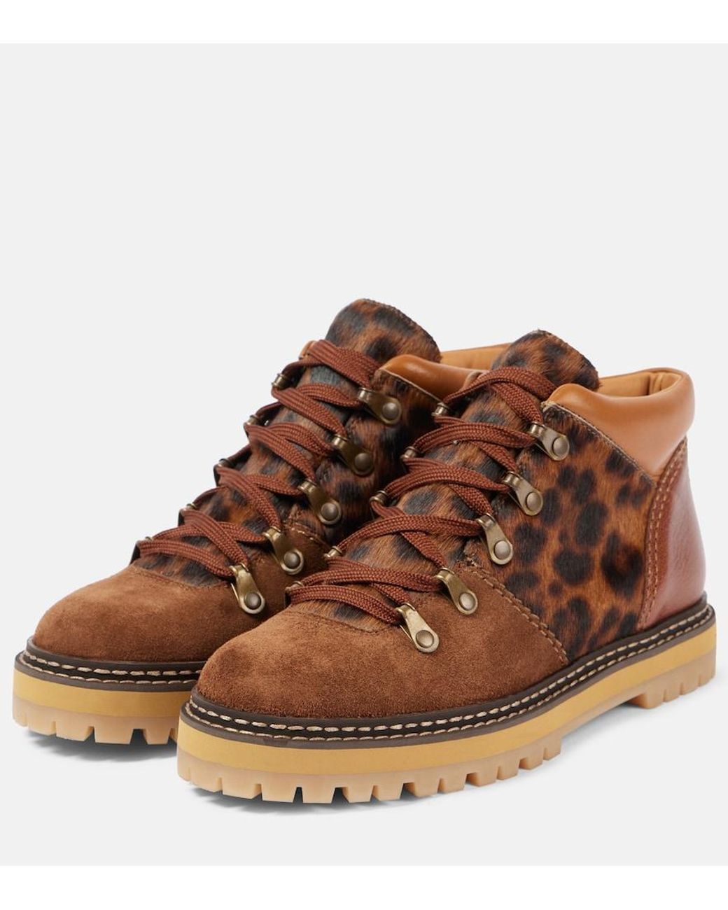 See By Chloé Brown Eileen Leopard-Print Suede Lace-Up Boots