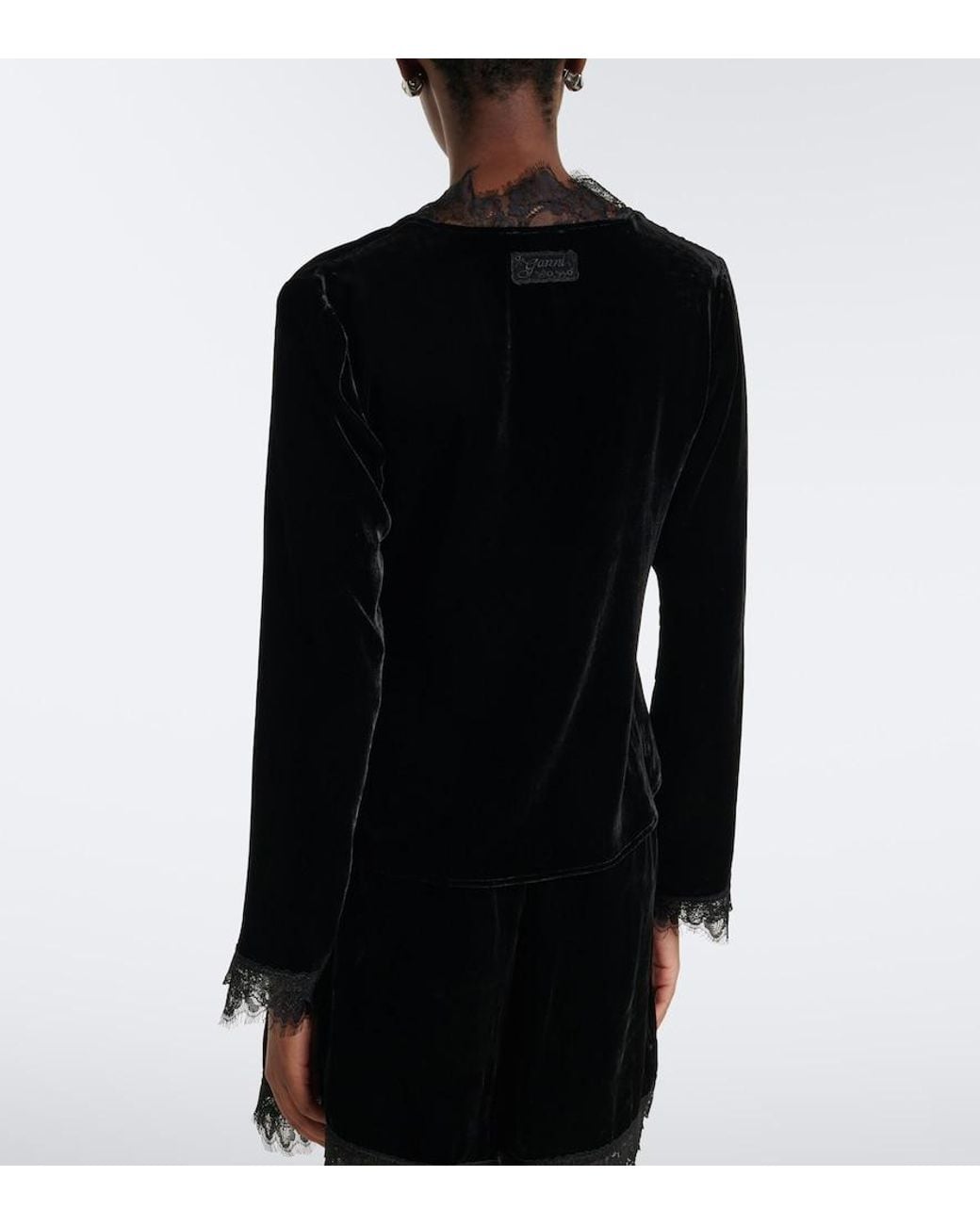 Ganni Black Lace-Trimmed Velvet Top