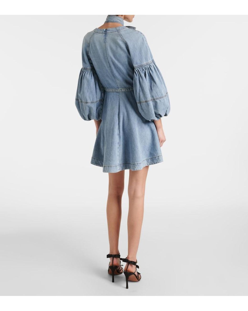 Zimmermann Blue Tie-Neck Puff-Sleeve Denim Minidress