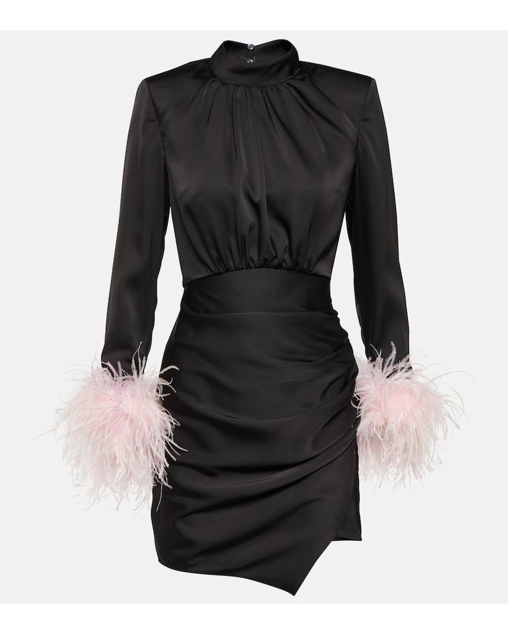 Self-Portrait Black Feather-Trimmed Satin Minidress