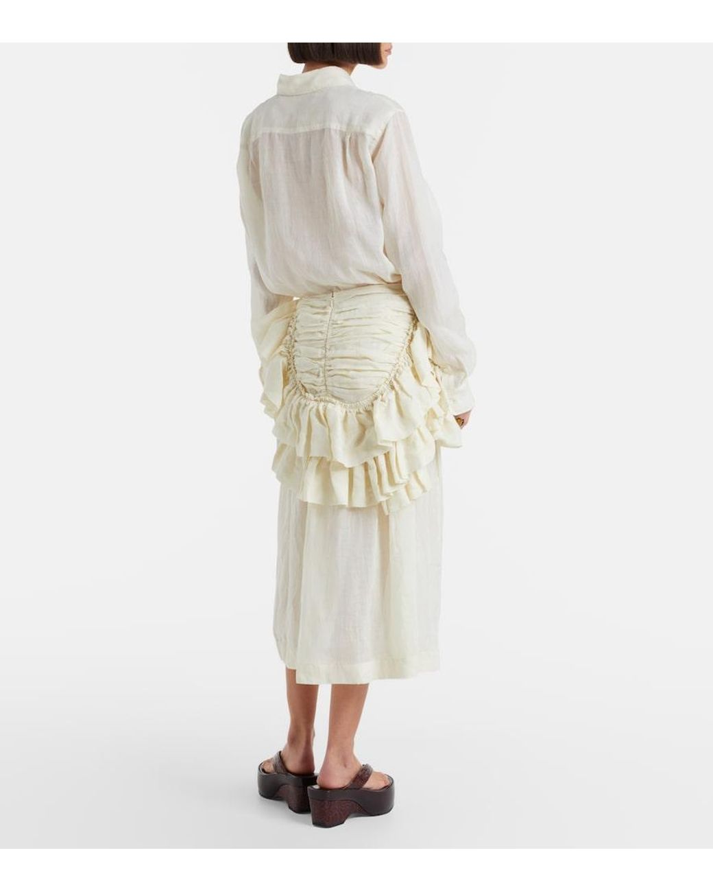 Dries Van Noten Natural Ruffled Ramie Midi Skirt