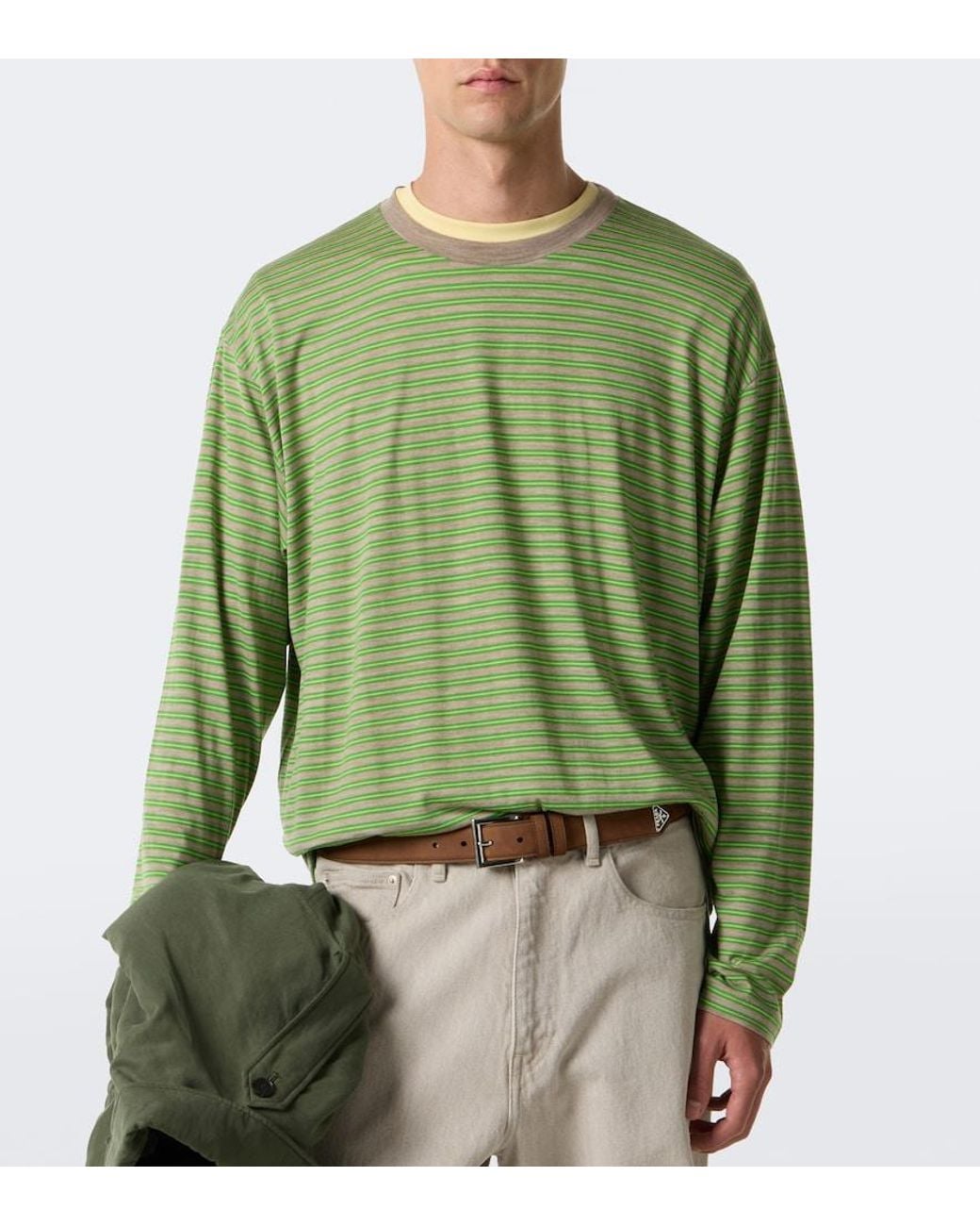Auralee Green Striped Wool T-Shirt for men