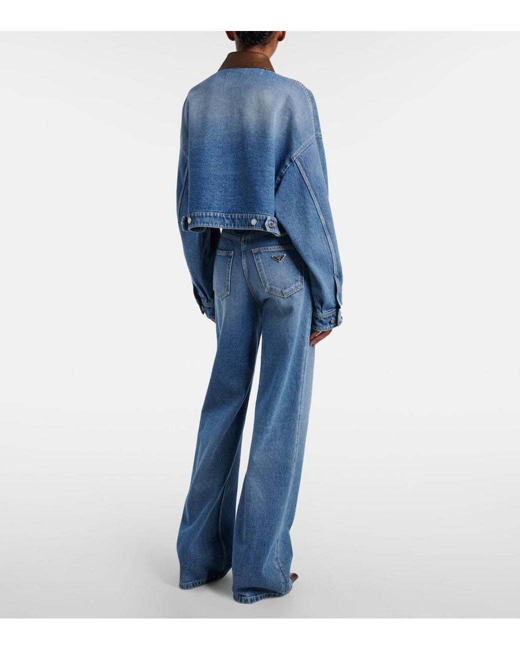 Prada Blue Leather-Trimmed Cropped Denim Jacket