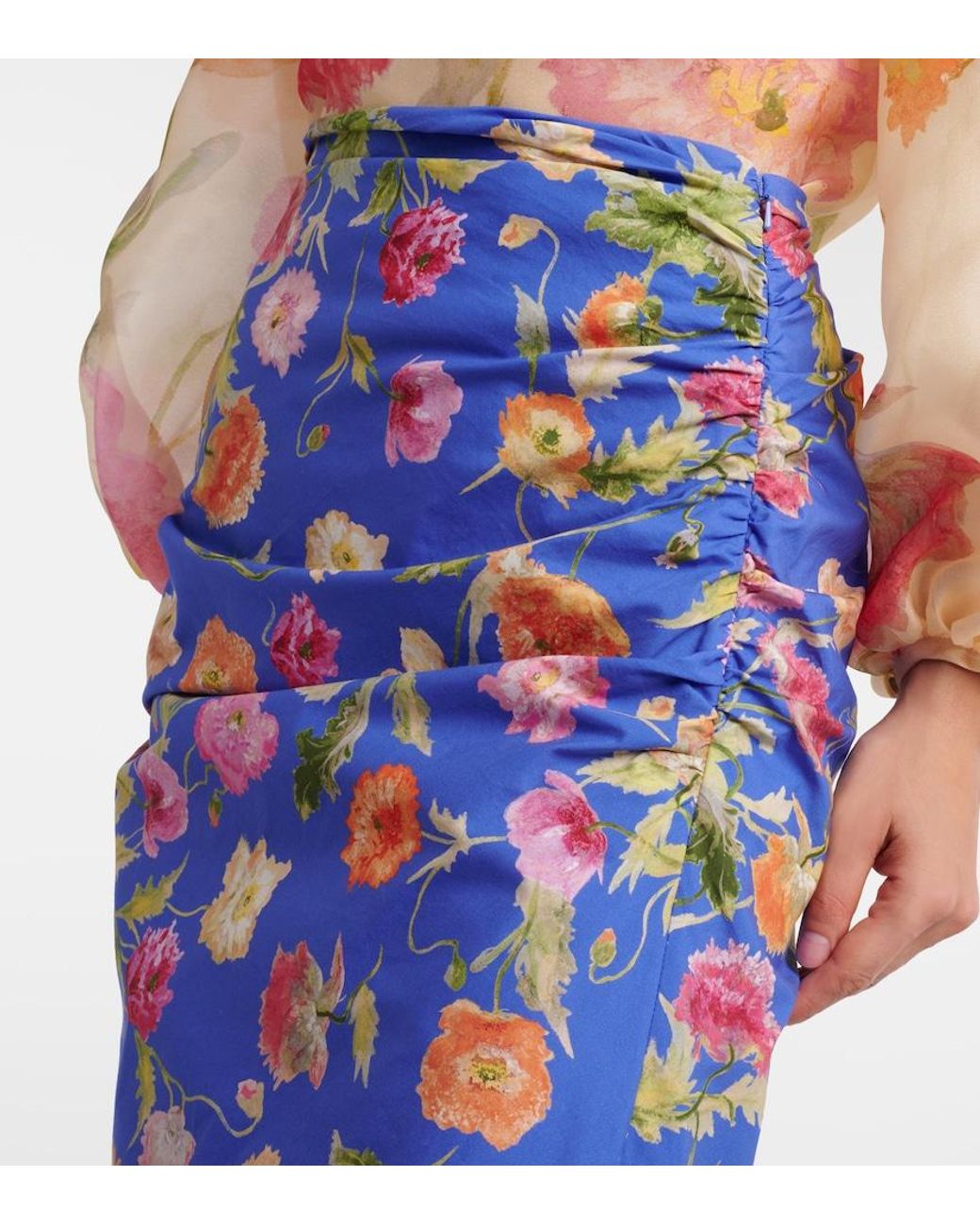 Carolina Herrera Blue Floral Ruched Cotton-Blend Midi Skirt