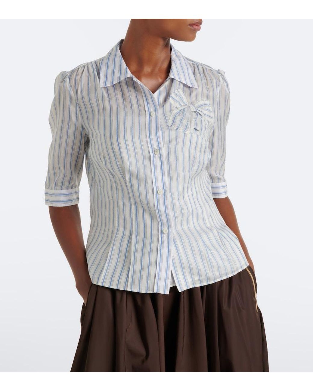 Prada White Bow-Detail Striped Shirt